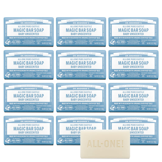 Dr. Bronner's Pure-Castile Magic Bar Soap (Baby Unscented, 5 Ounce, 12-Pack) - Made with Regenerative Organic Certified Oils, Gentle for Sensitive Beauty & Personal Care Dr. Bronner's