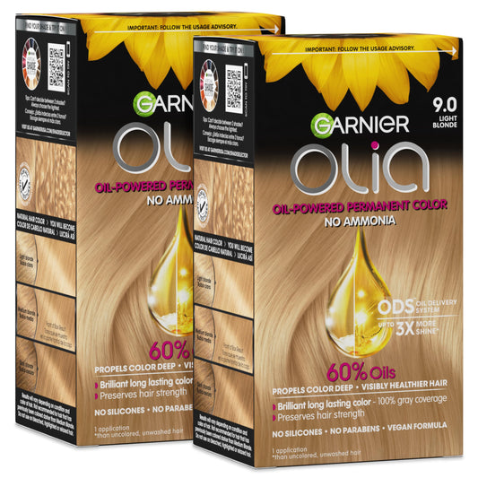 Garnier Olia Hair Color, Ammonia-Free Permanent Hair Dye, Oil-Powered Formula for 100% Gray Coverage and 3x Shinier Hair, Vegan & Cruelty Free, 9.0