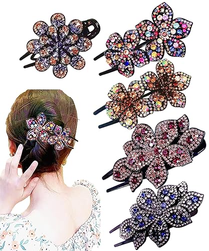 5 Pcs double flower decorative jeweled rhinestone hair clip pretty fancy floral thick crystal hair clips for women beautiful fashion designer asian Beauty & Personal Care LJC-20