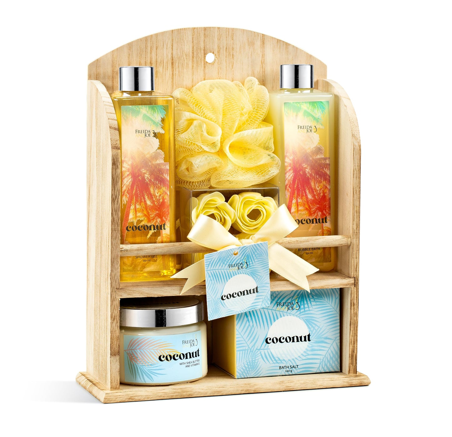 Coconut Spa Gift Basket for Women - Luxury Bath & Body Gift Set with Shower Gel, Bubble Bath, Body Lotion, Bath Salts & Rose Soaps - Mother’s Day Self Beauty and Personal Care Freida and Joe