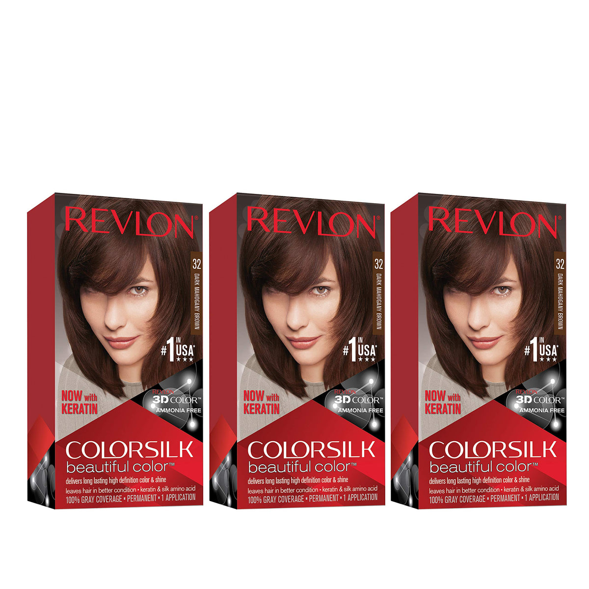 Revlon Colorsilk Beautiful Color, Permanent Hair Dye with Keratin, 100% Gray Coverage, Ammonia Free, 12 Dark Mahogany Brown (Pack of 3) Beauty & Personal Care REVLON