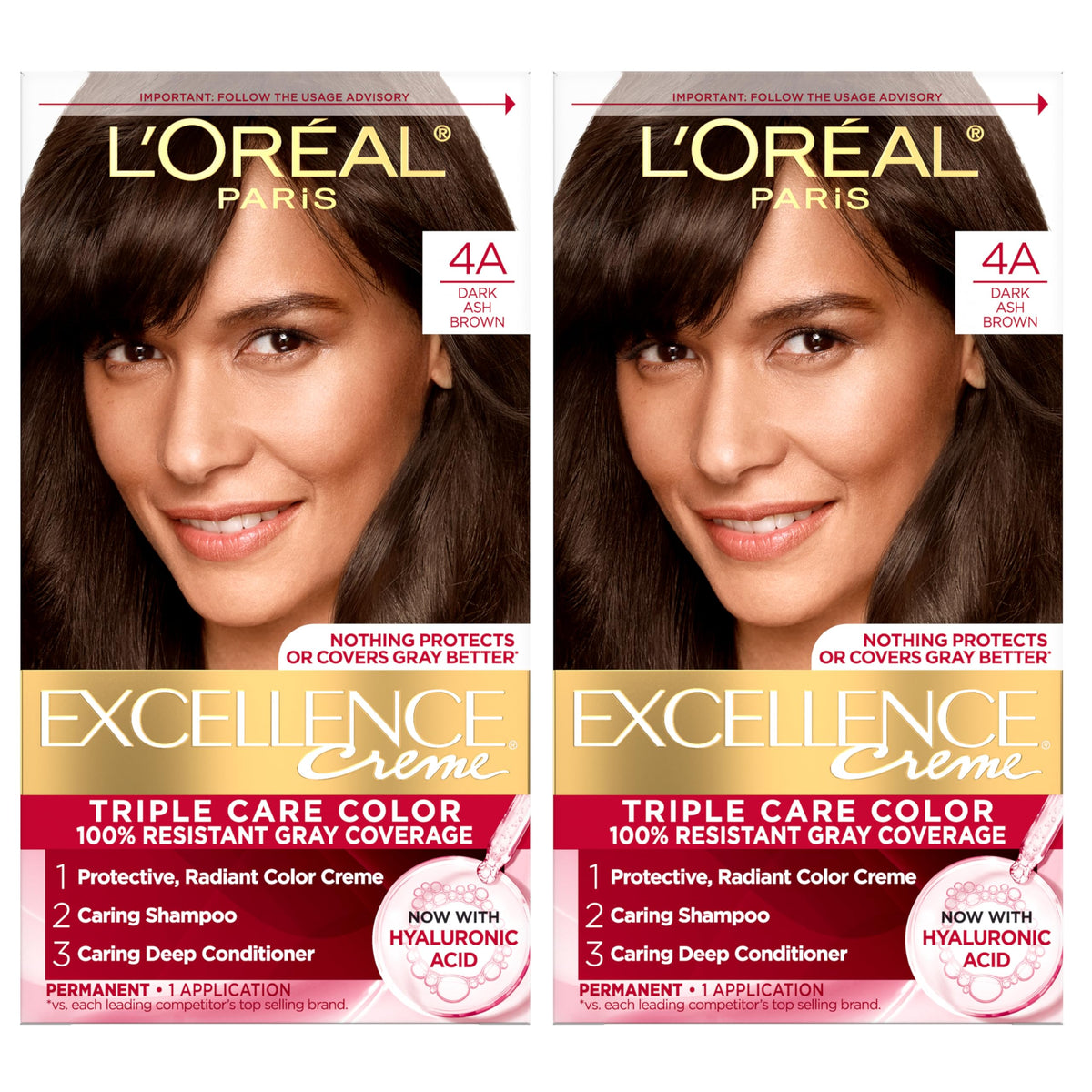 L'Oreal Paris Excellence Crème Permanent Hair Dye, Triple Care Hair Color with Hyaluronic Acid for 100% Gray Coverage, 4A Dark Ash Brown, 1 Kit (Pack