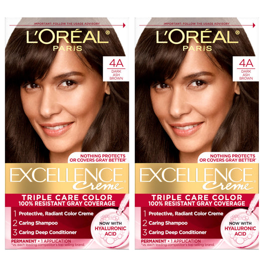 L'Oreal Paris Excellence Crème Permanent Hair Dye, Triple Care Hair Color with Hyaluronic Acid for 100% Gray Coverage, 4A Dark Ash Brown, 1 Kit (Pack