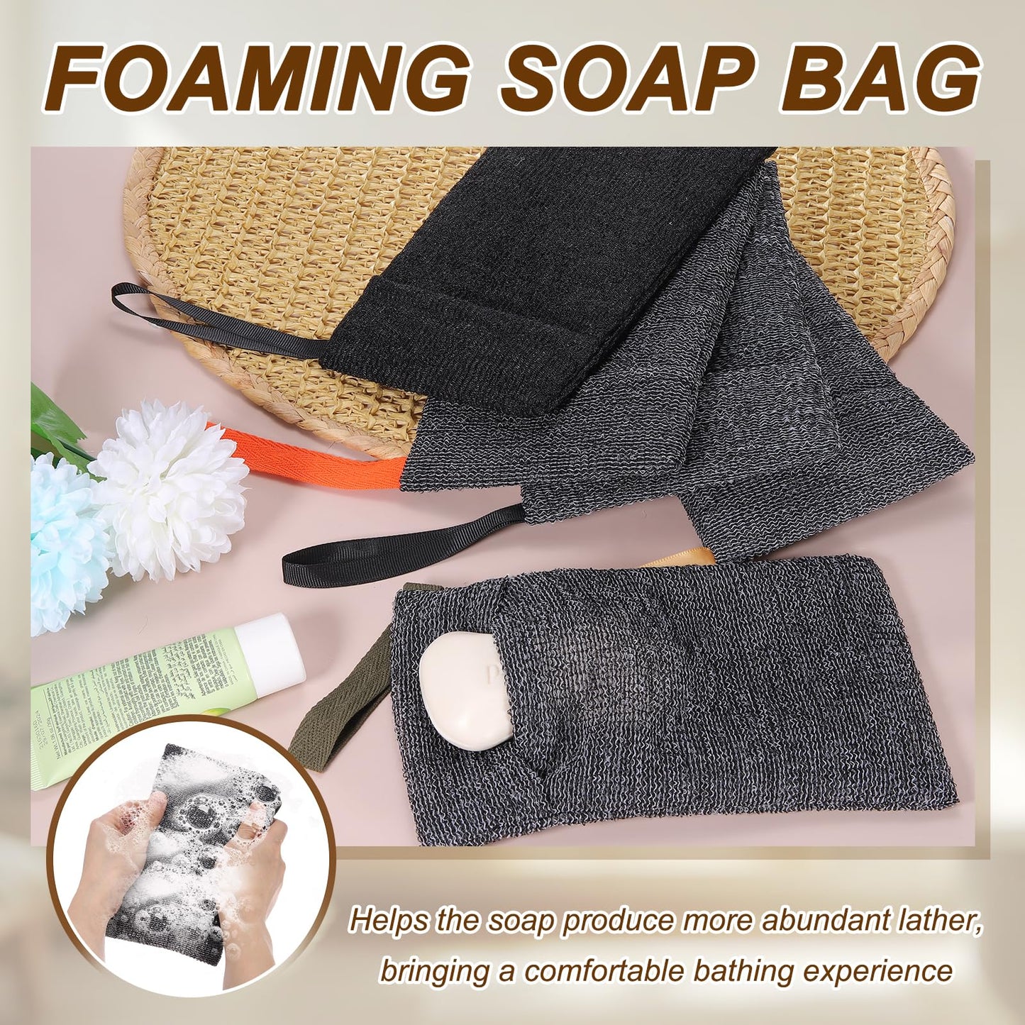 uxcell Loofah Soap Pouch, 4 Pcs Bar Soap Saver Bag with Orange/Dark Green Handle Nylon Body Scrubber Pouch Exfoliating Net for Body Shower Foaming Beauty and Personal Care uxcell