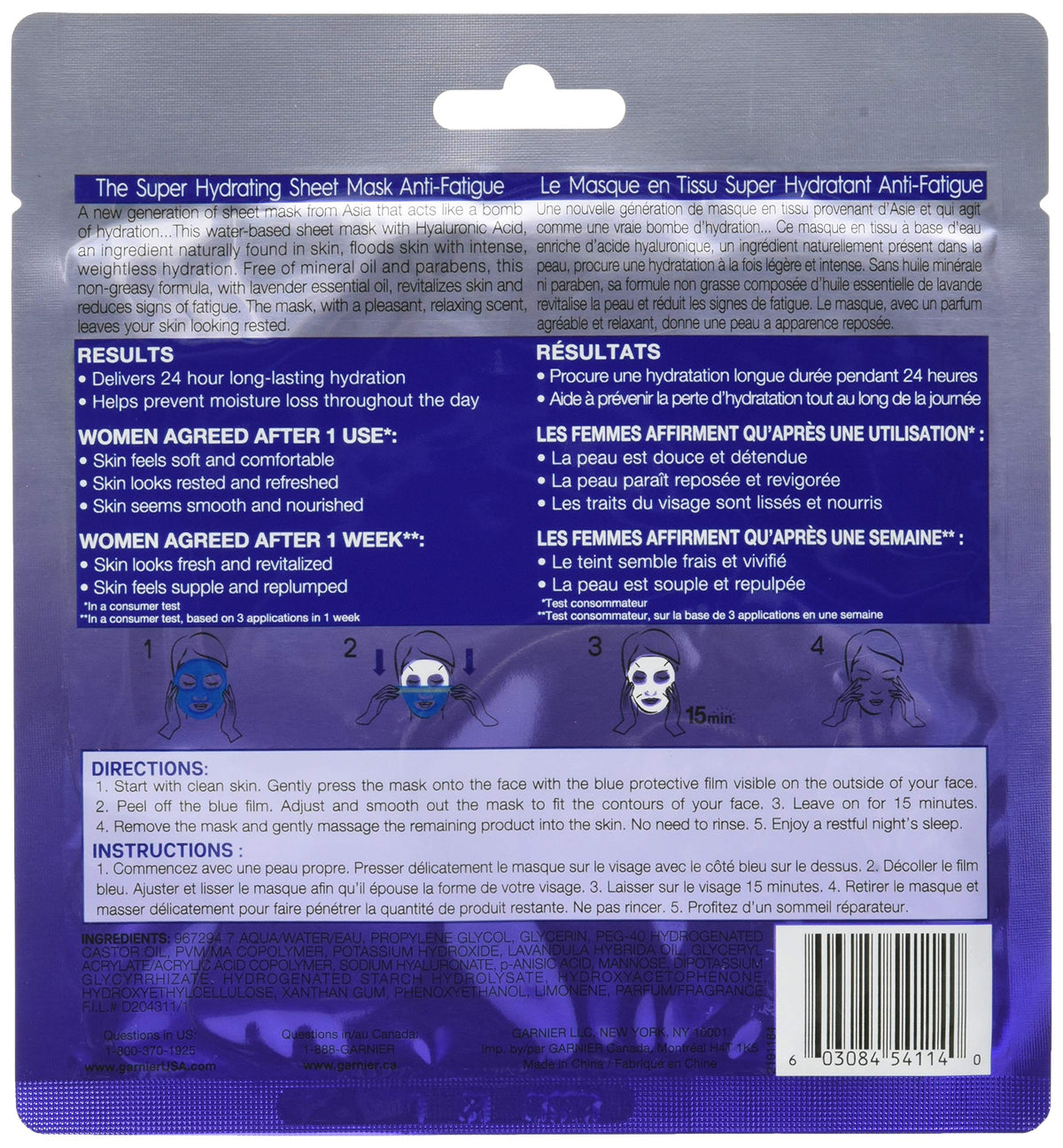 Garnier Skinactive Super Hydrating Facial Mask, Anti-fatigue, Lavender, 1.08 Ounce
