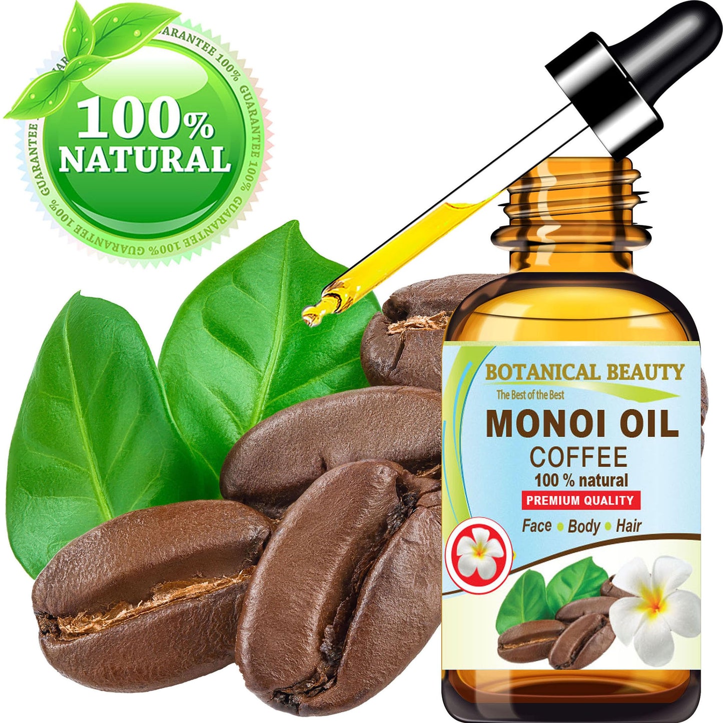 Botanical Beauty MONOI OIL COFFEE. Frangipani flowers in Coconut Oil with Coffee aroma. 100% Natural Pure for FACE, SKIN, BODY, HAIR, NAILS. Luxury Beauty & Personal Care Botanical Beauty