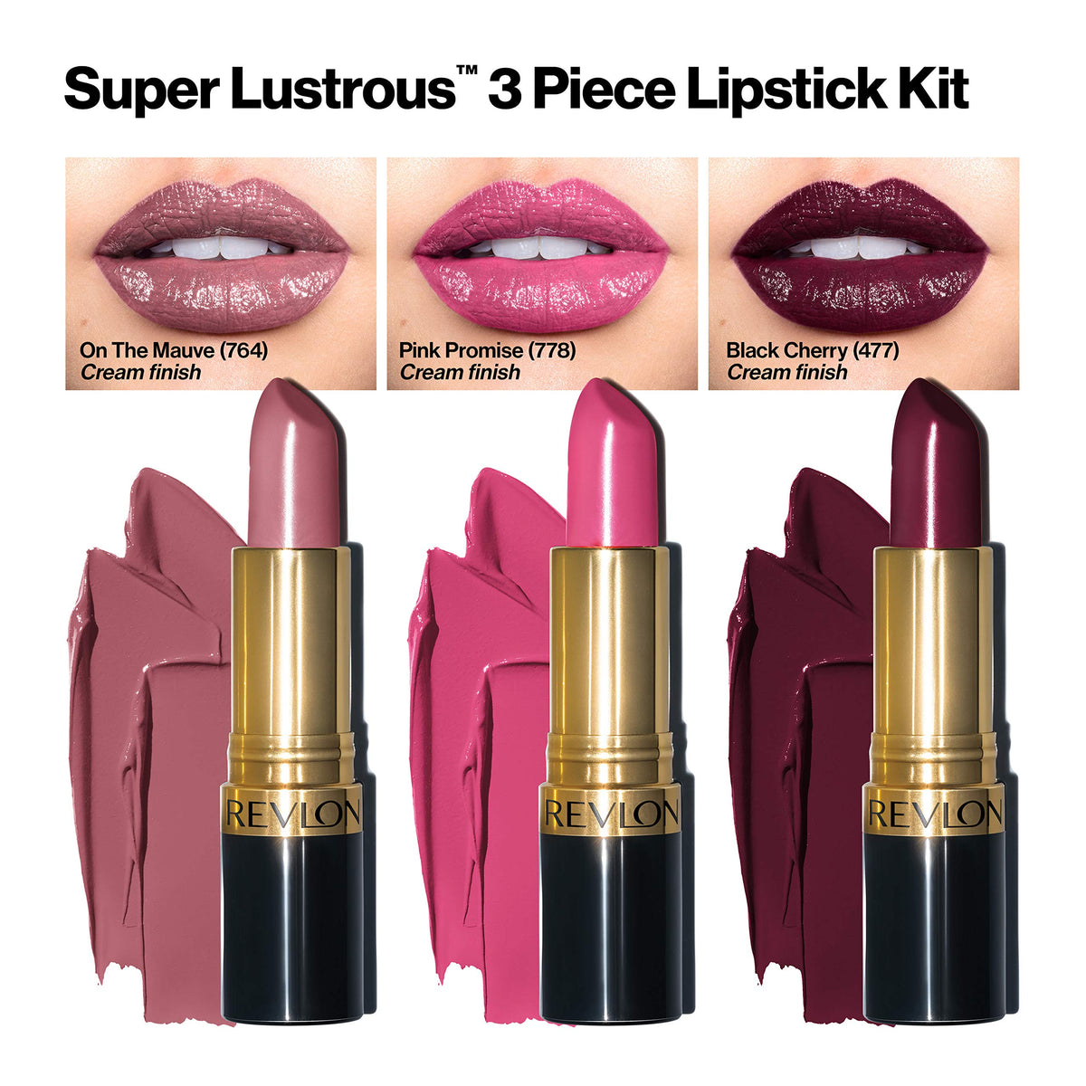 Revlon Super Lustrous 3-Piece Lipstick Gift Set, High Impact, Moisturizing, Cream Finish, 764 On The Mauve, 778 Pink Promise, 477 Black Cherry, 0.45 Beauty & Personal Care REVLON