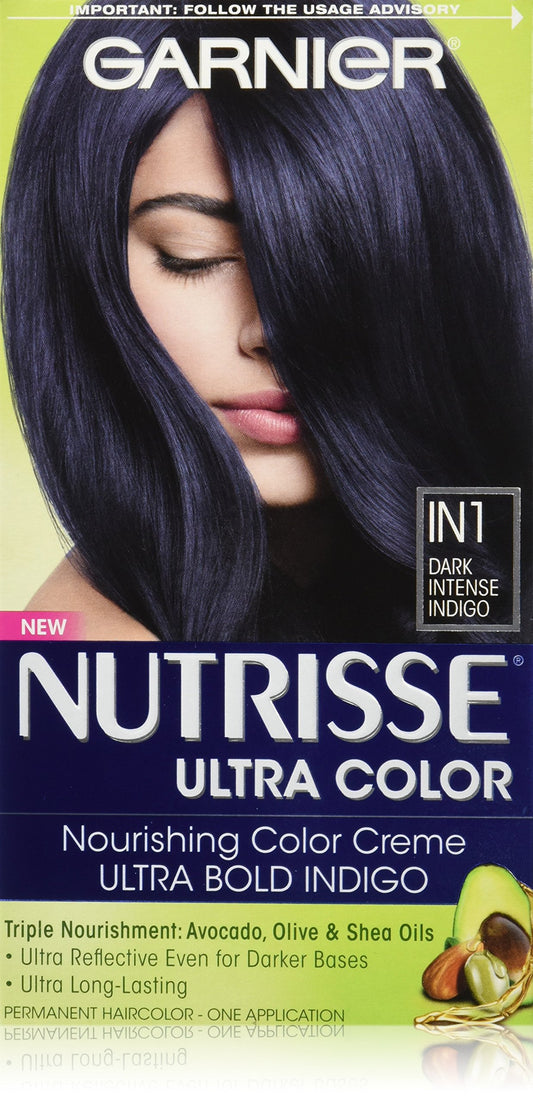Garnier Nutrisse Ultra Color Nourishing Permanent Hair Color Cream, IN1 Dark Intense Indigo (1 Kit) Black Hair Dye
