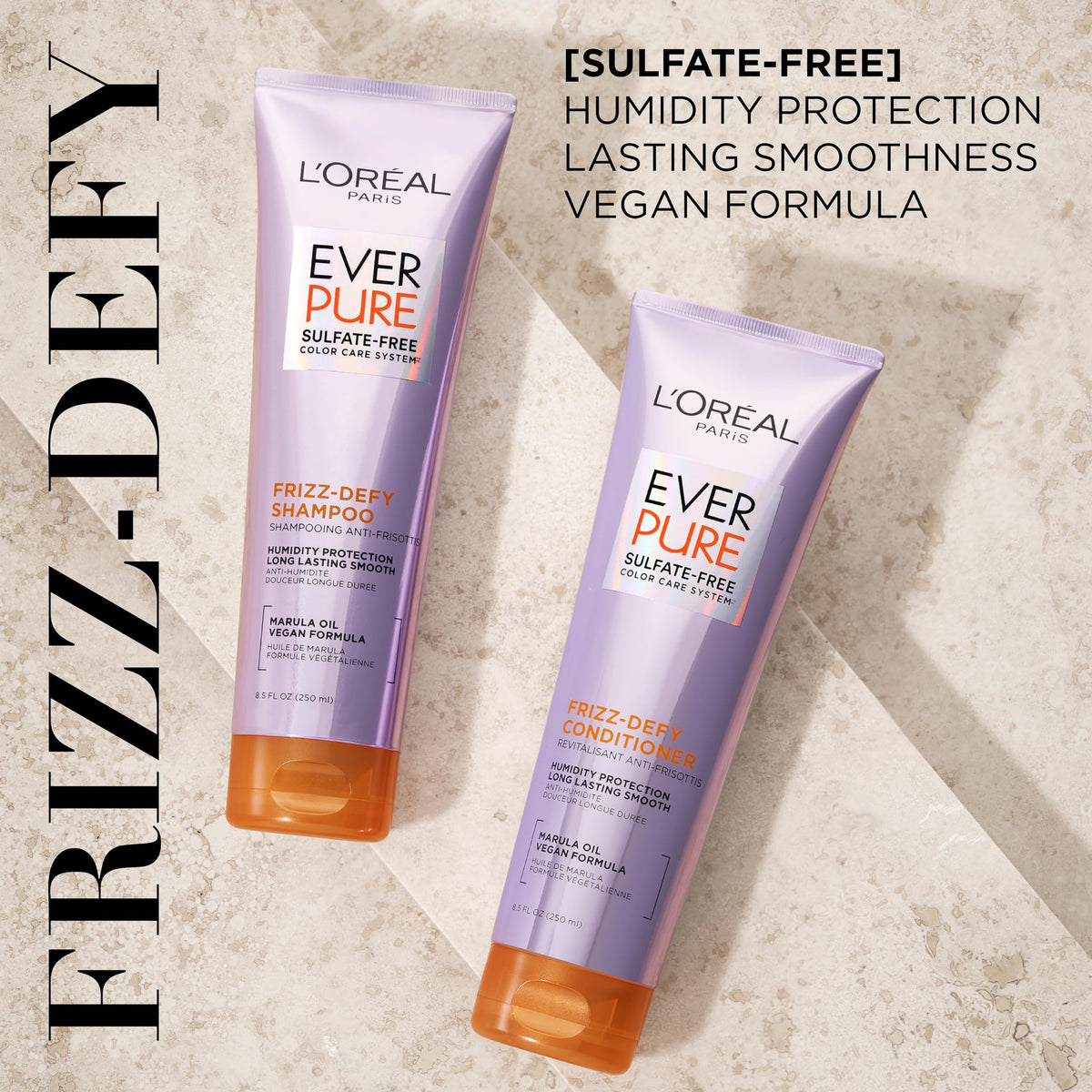 L'Oreal Paris Sulfate Free Frizz Defy Conditioner, Frizz Control Hair Care with Marula Oil, EverPure, 8.5 Fl Oz (Packaging May Vary) Beauty & Personal Care L'Oreal Paris