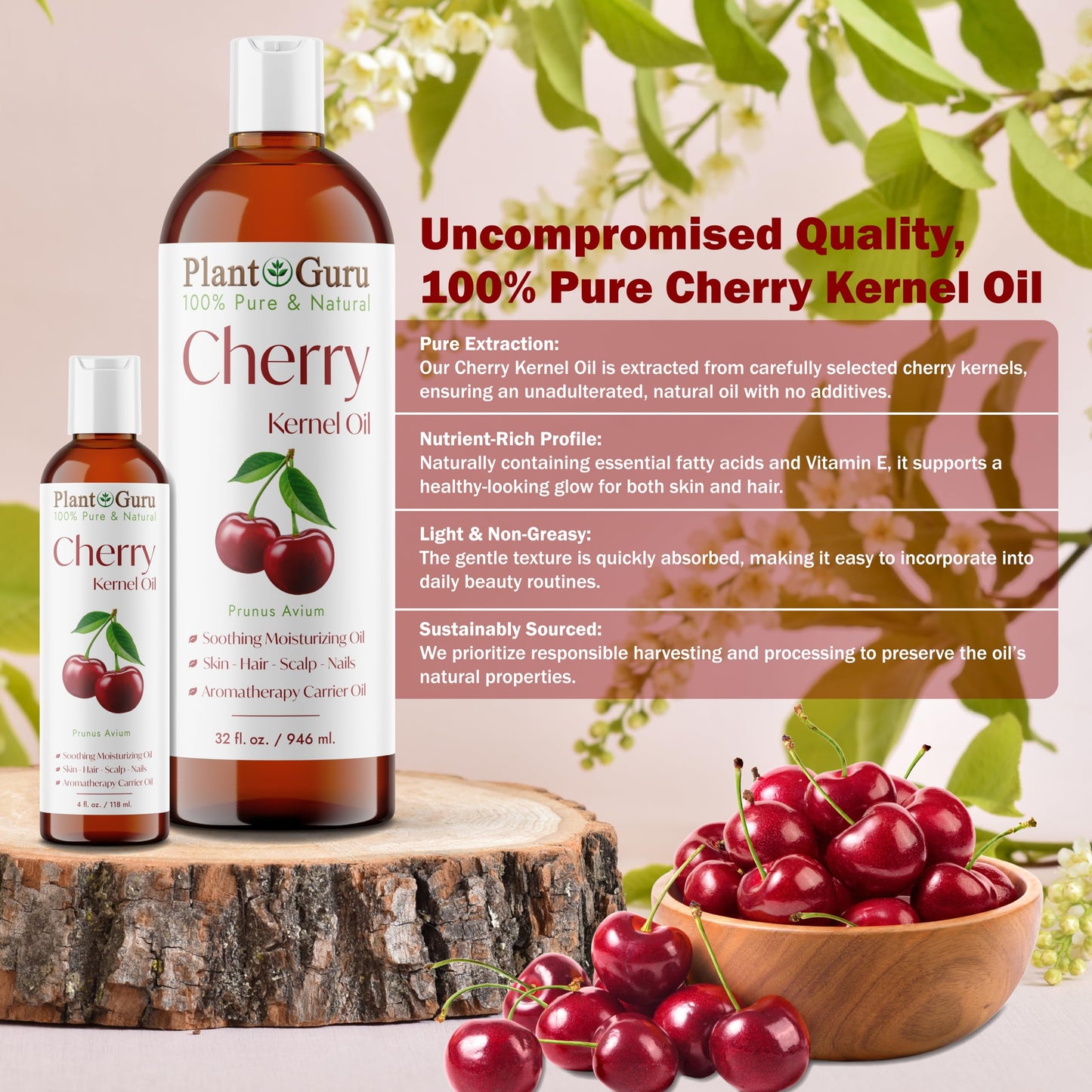 Plant Guru Cherry Kernel Oil 8 fl. oz. Cold Pressed 100% Pure & Natural Carrier - Skin, Face, Body & Hair Growth Moisturizer. Great for DIY Creams Beauty & Personal Care Plant Guru
