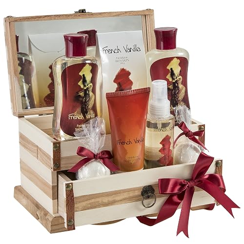 French Vanilla Bath Set Essential Bath and Body Basket: 2 Vanilla Bath Bombs, Body Lotion, Body Spray, Bath Salts, etc in a Wooden Jewelry Box Gift Beauty & Personal Care Freida and Joe
