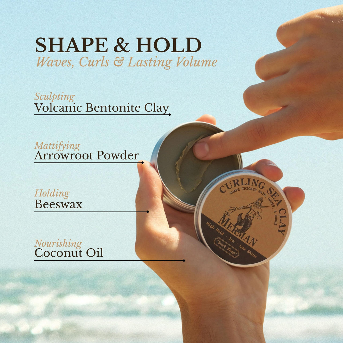 The Merman Curling Sea Clay, Natural High Hold Men's Hair Clay, 2 oz