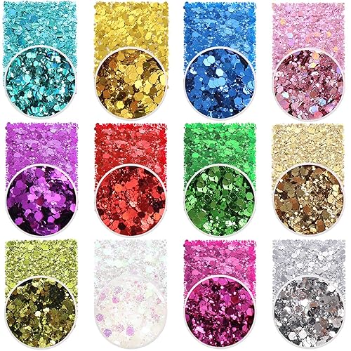 Holographic Chunky Sequins 12 Colors Mixed Laser Cosmetic Glitter for Face, Body, Eye, Hair, Nail Art, Lip Gloss - Festival Glitter Makeup Beauty & Personal Care Estanoite