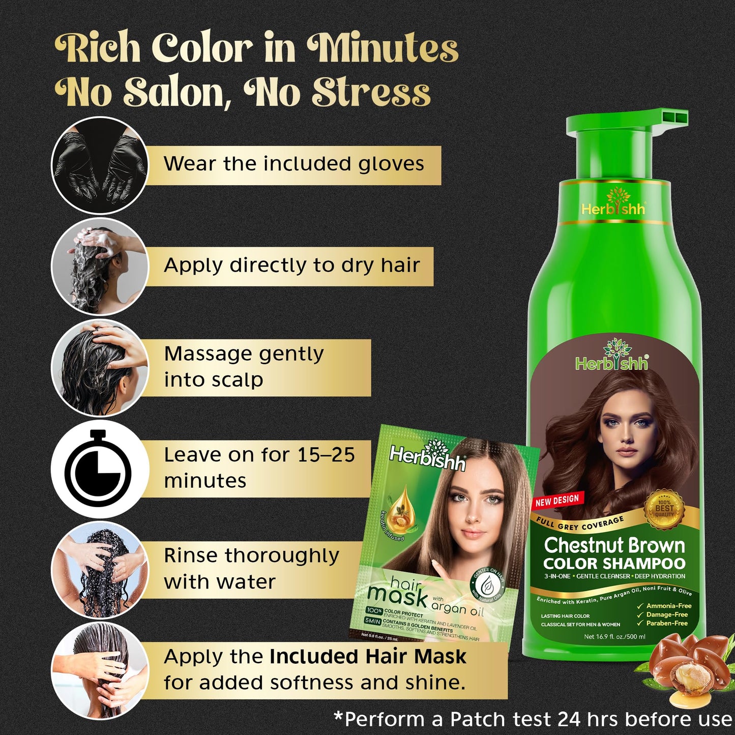 Herbishh Hair Color Shampoo for Gray Hair - Natural Hair Dye Shampoo - Colors Hair in Minutes - Lasts Up To 3-4 Weeks - 500 Ml - 3-In-1 Hair Color Beauty & Personal Care Herbishh