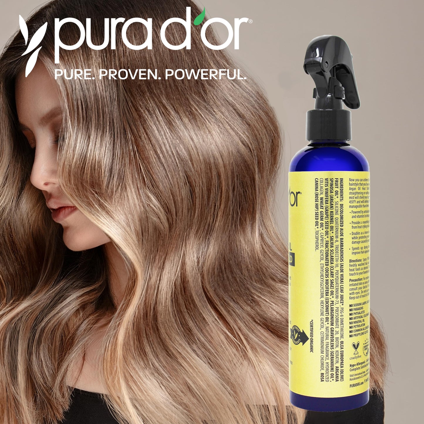 PURA D'OR 8 Oz Argan Oil Heat Shield Protectant Spray with Select Organic Ingredients, Protects Up To 450º F From Flat Iron & Hot Blow Dry, Leave-In Beauty & Personal Care PURA D'OR