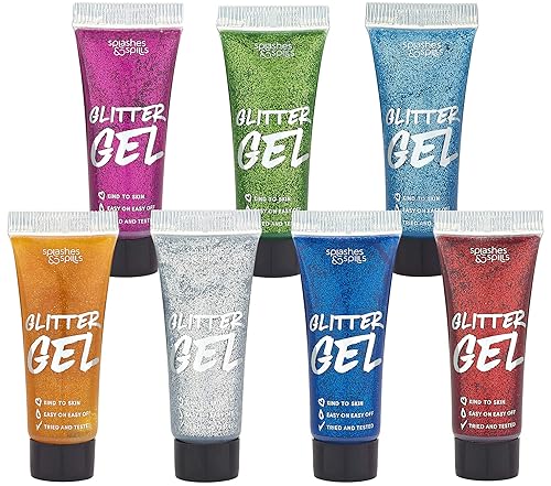 Body Glitter Paint Gel - 7 Color Costume Set for Women, Girls - 10 ml Tubes Holographic Shimmer Effect for Hair, Body, Face - Great for Festival Beauty & Personal Care splashes & spills