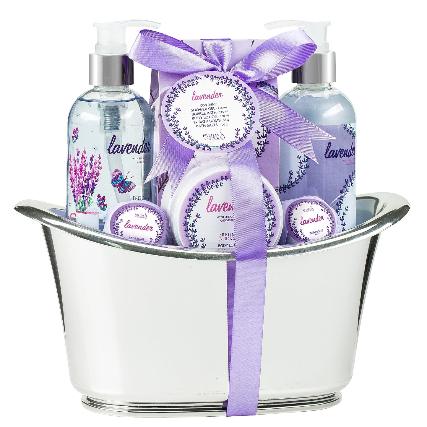 Aromatherapy Essentials Spa Set for Women in Large Silver Tub Bath Set Includes 2 Bath Bombs, Body Lotion, Bath Salts, Shower Gel, and Bubble Bath Beauty & Personal Care Freida and Joe
