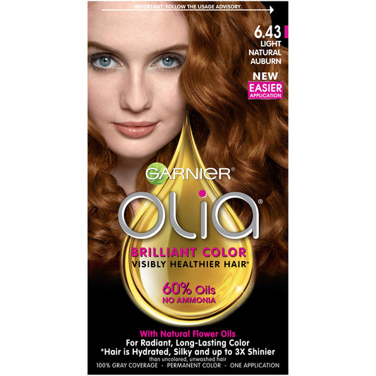 Garnier Olia Ammonia Free Permanent Hair Color, 100% Gray Coverage (Packaging May Vary), 6.43 Light Natural Auburn, Red Hair Dye, Pack of 1 Beauty & Personal Care Garnier