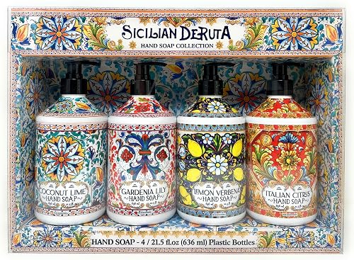 Sicilian Deruta | Hand Soap Collection 4 x 21.5 fl.oz Plastic Bottles Italian Citrus Lemon Verbena Gardenia Lily Coconut Lime 86 Fl Oz Beauty & Personal Care oleum crete