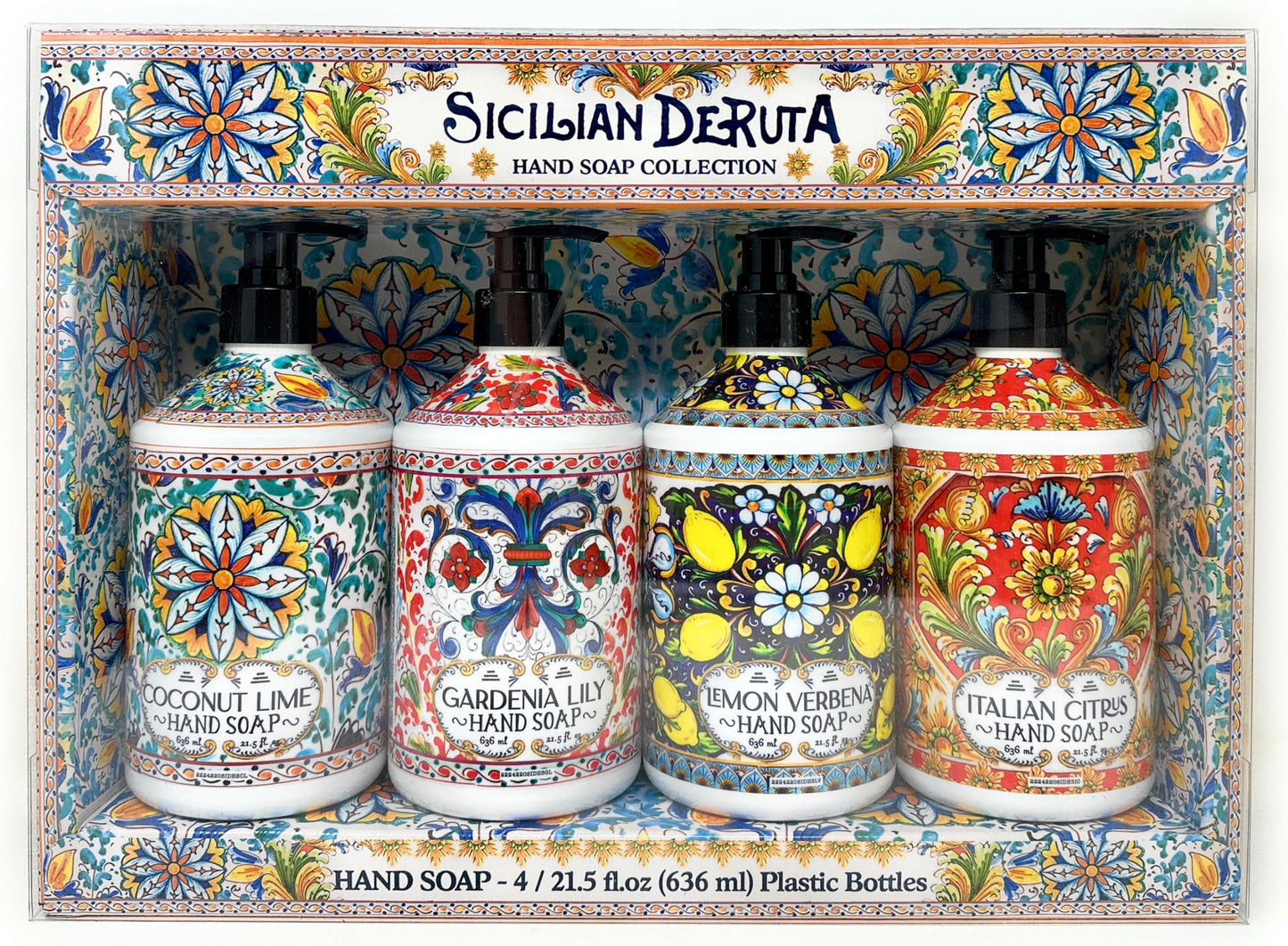 Sicilian Deruta | Hand Soap Collection 4 x 21.5 fl.oz Plastic Bottles Italian Citrus Lemon Verbena Gardenia Lily Coconut Lime 86 Fl Oz Beauty & Personal Care oleum crete
