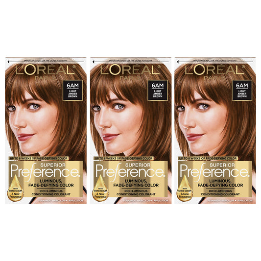 L'Oreal Paris Superior Preference Luminous Fade-Defying Permanent Hair Color, Hair Dye For Up to 9 Weeks of Radiance, Light Amber Brown 6AM, 1 Hair