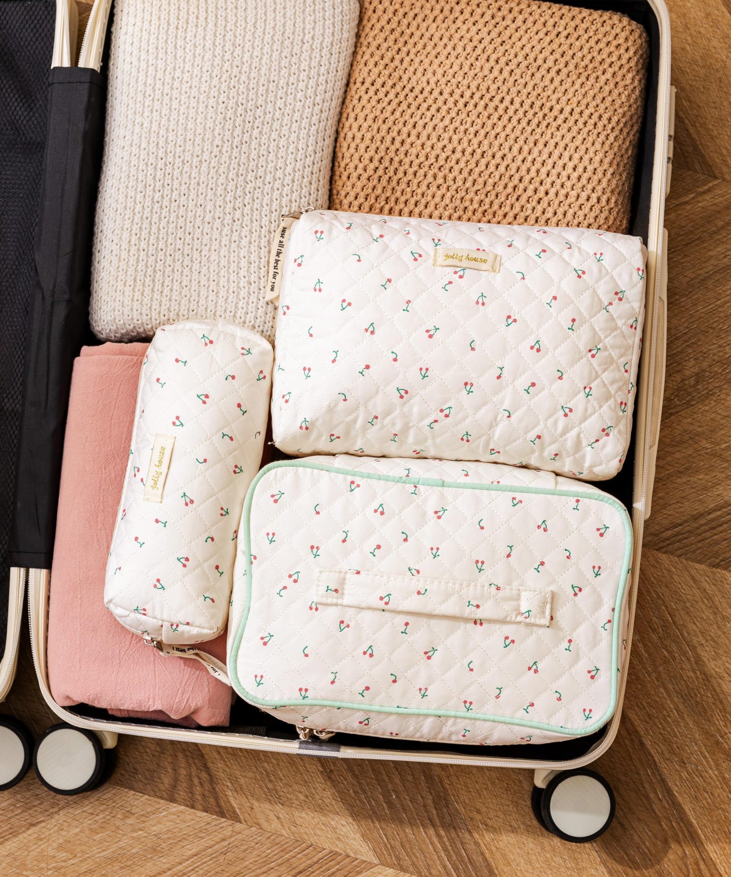 HBselect 2Pcs Quilted Makeup Bag Cute Makeup Bag Organizer Travel Cosmetic Bag Aesthetic Coquette Cotton Floral Make up Bag Toiletry Bags for Women Beauty and Personal Care HBselect