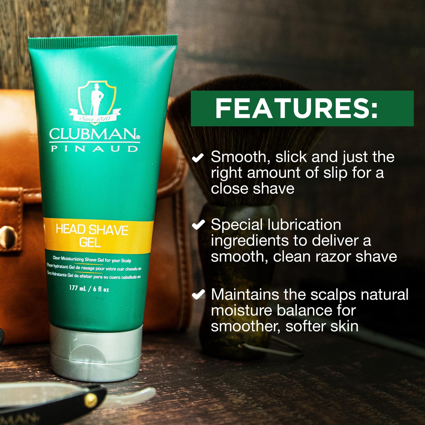 Clubman Pinaud Head Shave Gel for Men - Clear Moisturizing Shaving Gel for Men, Hydrating Facial Hair for Sensitive Skin, Barber Supplies, 6 fl oz Beauty & Personal Care Clubman