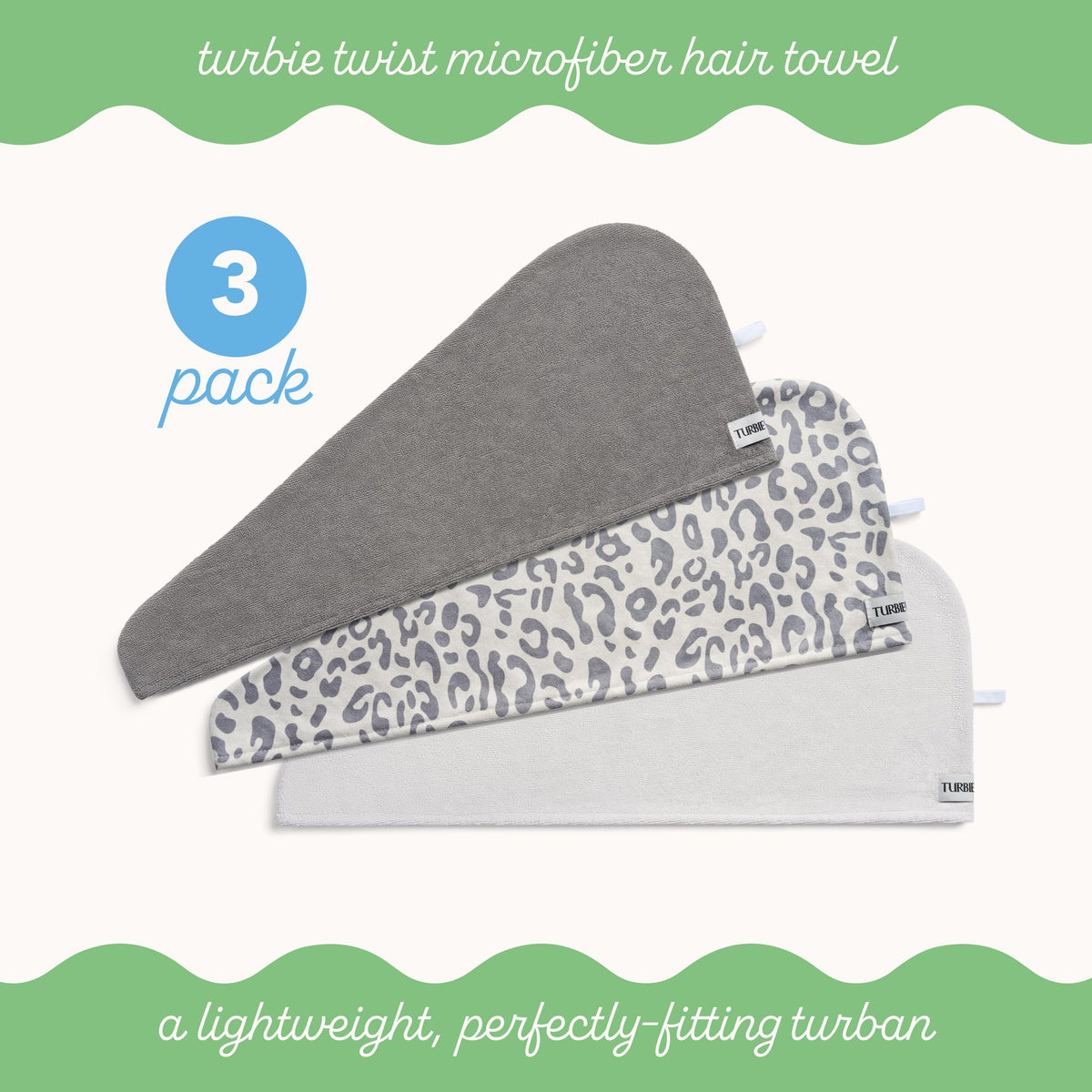 Turbie Twist Microfiber Hair Towel, Light, Dark Grey, Snow Leopard (3 Pack)