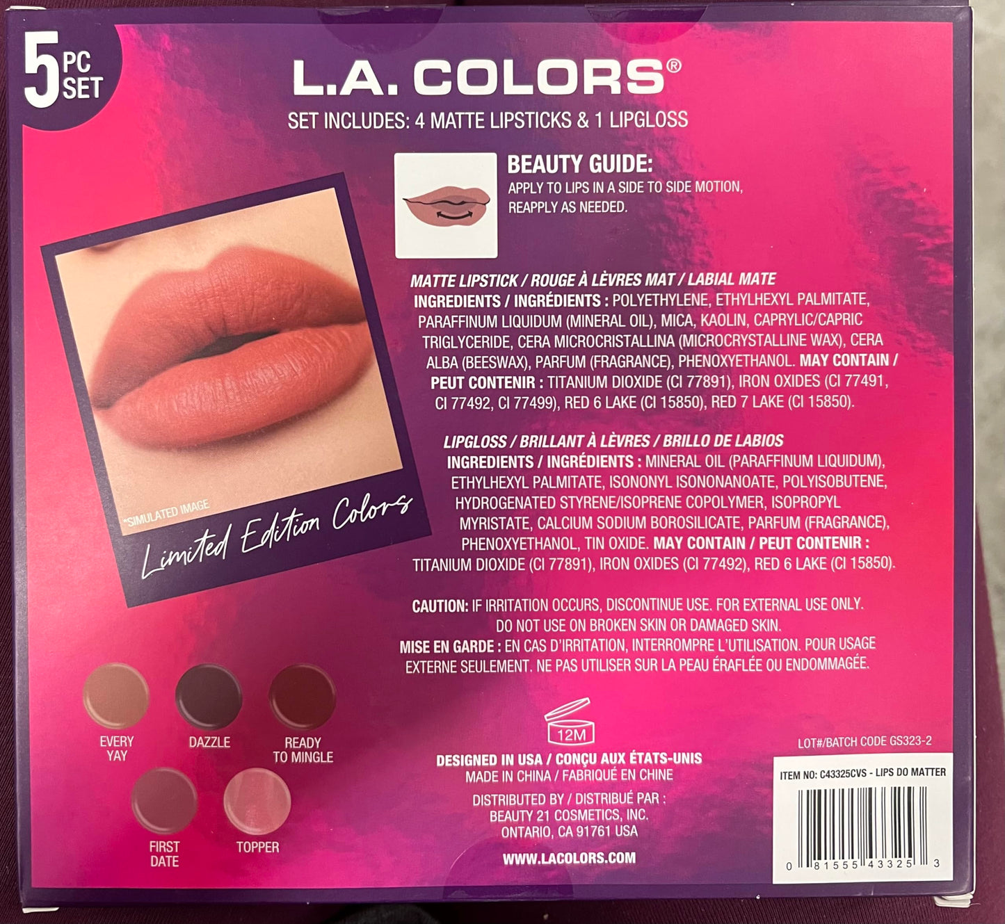 L.A. COLORS 5pc All Is Bright Lip Color Set, Lips Do Matter, 1 Count (Pack of 1) Beauty & Personal Care L.A. COLORS