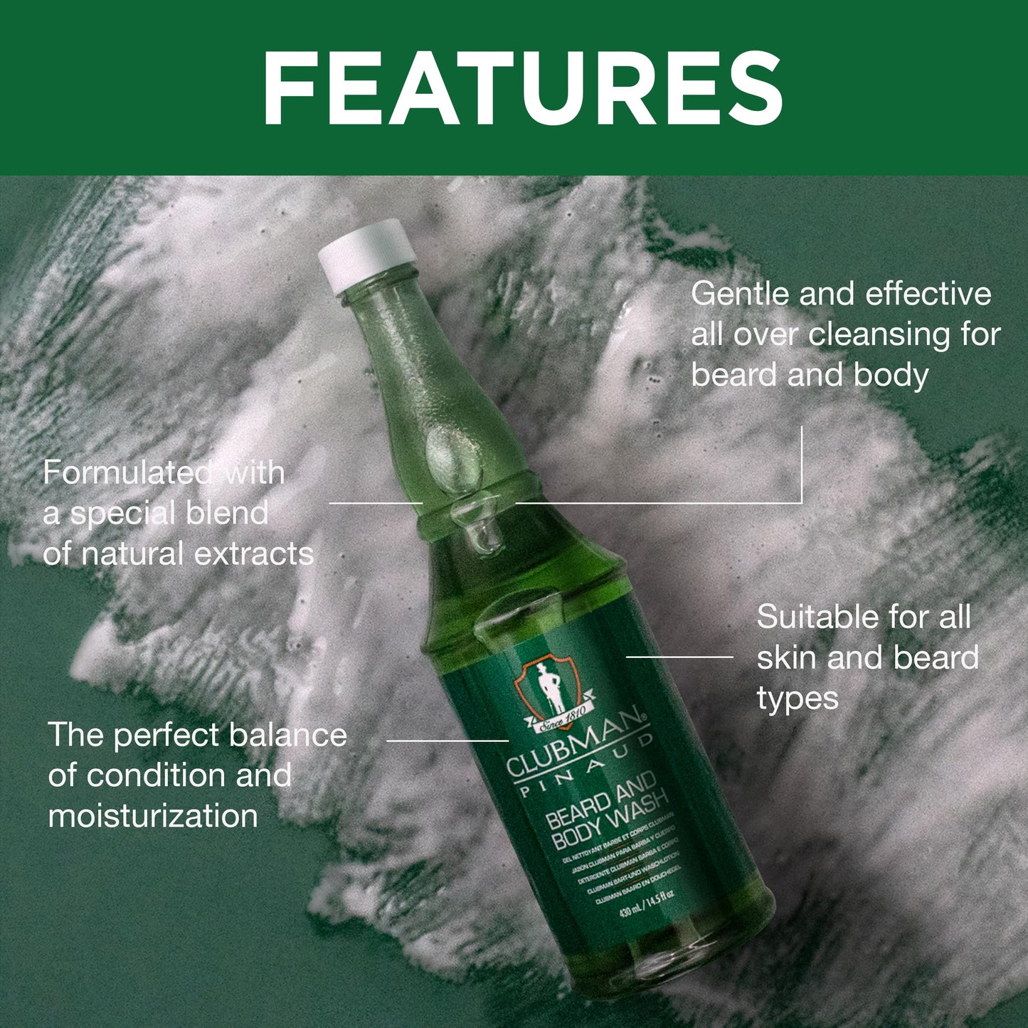Clubman Pinaud Beard and Body Wash - Dual-Purpose Cleanser, Cleanses & Softens Beards Hair and Skin, Moisturizing Daily Grooming Formula, 14.5 fl oz Beauty & Personal Care Clubman