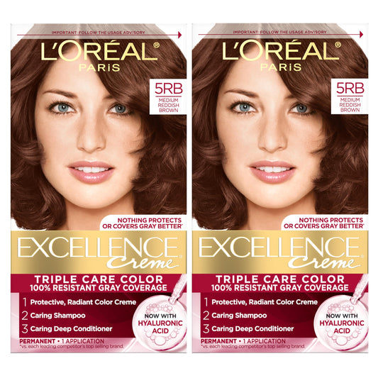 L'Oreal Paris Excellence Crème Permanent Hair Dye, Triple Care Hair Color with Hyaluronic Acid for 100% Gray Coverage, 5RB Medium Reddish Brown, 1 Kit