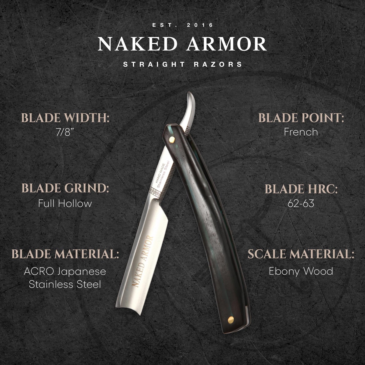 Naked Armor Dodinel Straight Razor - Shave Ready 7/8" French Nose Japanese Stainless Steel Straight Razors for Men with Ebony Wood Scale, Case Beauty and Personal Care Naked Armor