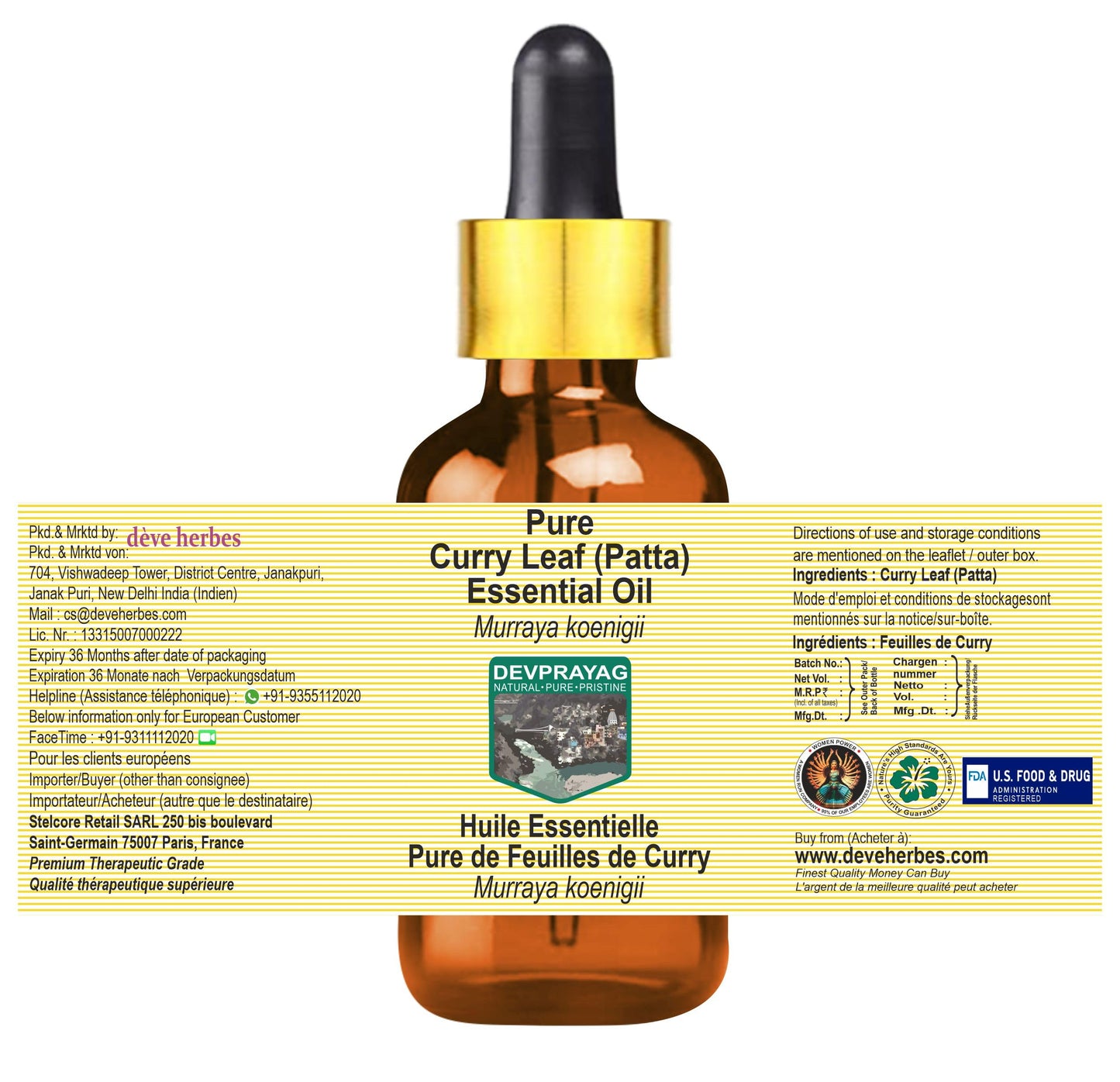 Devprayag Curry Leaf (Patta) Essential Oil (Murraya koenigii) with Glass Dropper - Pure - Non-Sticky - Non-Greasy - Lightweight - Men & Women - All Beauty and Personal Care DEVPRAYAG