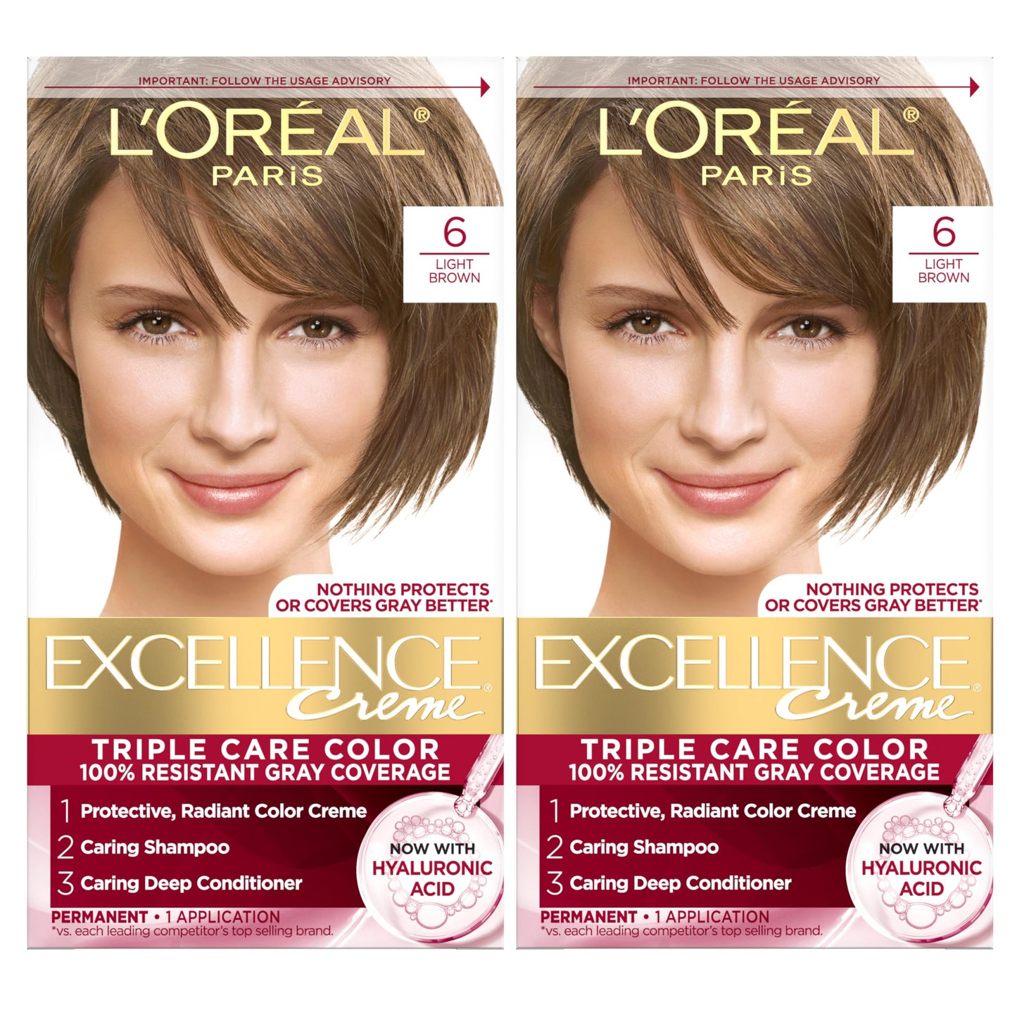 L'Oreal Paris Excellence Crème Permanent Hair Dye, Triple Care Hair Color with Hyaluronic Acid for 100% Gray Coverage, 6 Light Brown, 1 Kit (Pack Beauty & Personal Care L'Oreal Paris