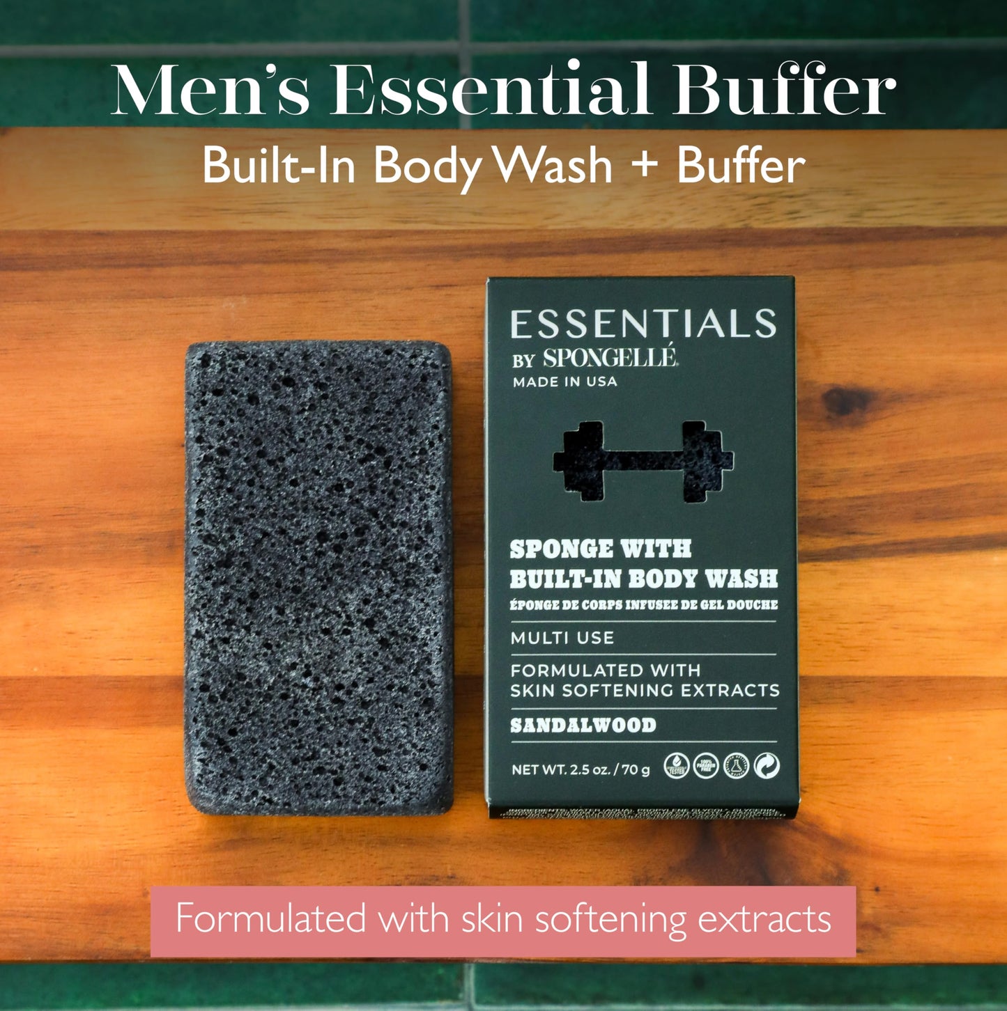 Spongelle Men's Essentials Sandalwood Body Buffer - Bath & Shower Loofah for Men - Cleanse, Exfoliate, and Nourish in one Easy Step - Cruelty-Free Beauty and Personal Care SPONGELLÉ