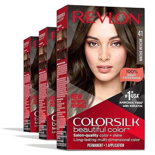 Revlon Permanent Hair Color, Permanent Hair Dye, Colorsilk with 100% Gray Coverage, Ammonia-Free, Keratin and Amino Acids, 41 Medium Brown, 4.4 Oz Beauty & Personal Care REVLON