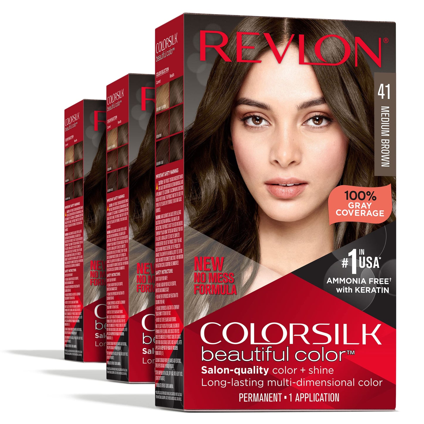 Revlon Permanent Hair Color, Permanent Hair Dye, Colorsilk with 100% Gray Coverage, Ammonia-Free, Keratin and Amino Acids, 41 Medium Brown, 4.4 Oz Beauty & Personal Care REVLON