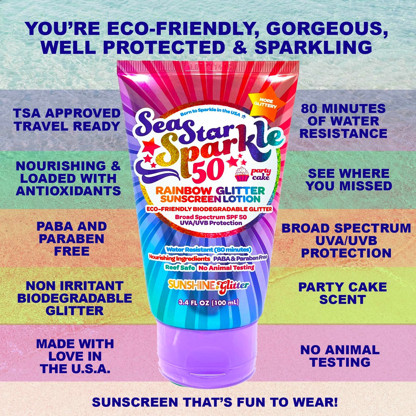 Seastar Sparkle - Rainbow Party Cake Scented Glitter Sunscreen - SPF 50 - Biodegradable Sunscreen, Kids, Water Resistant, Glitter lotion, Cruelty Beauty & Personal Care Sunshine & Glitter