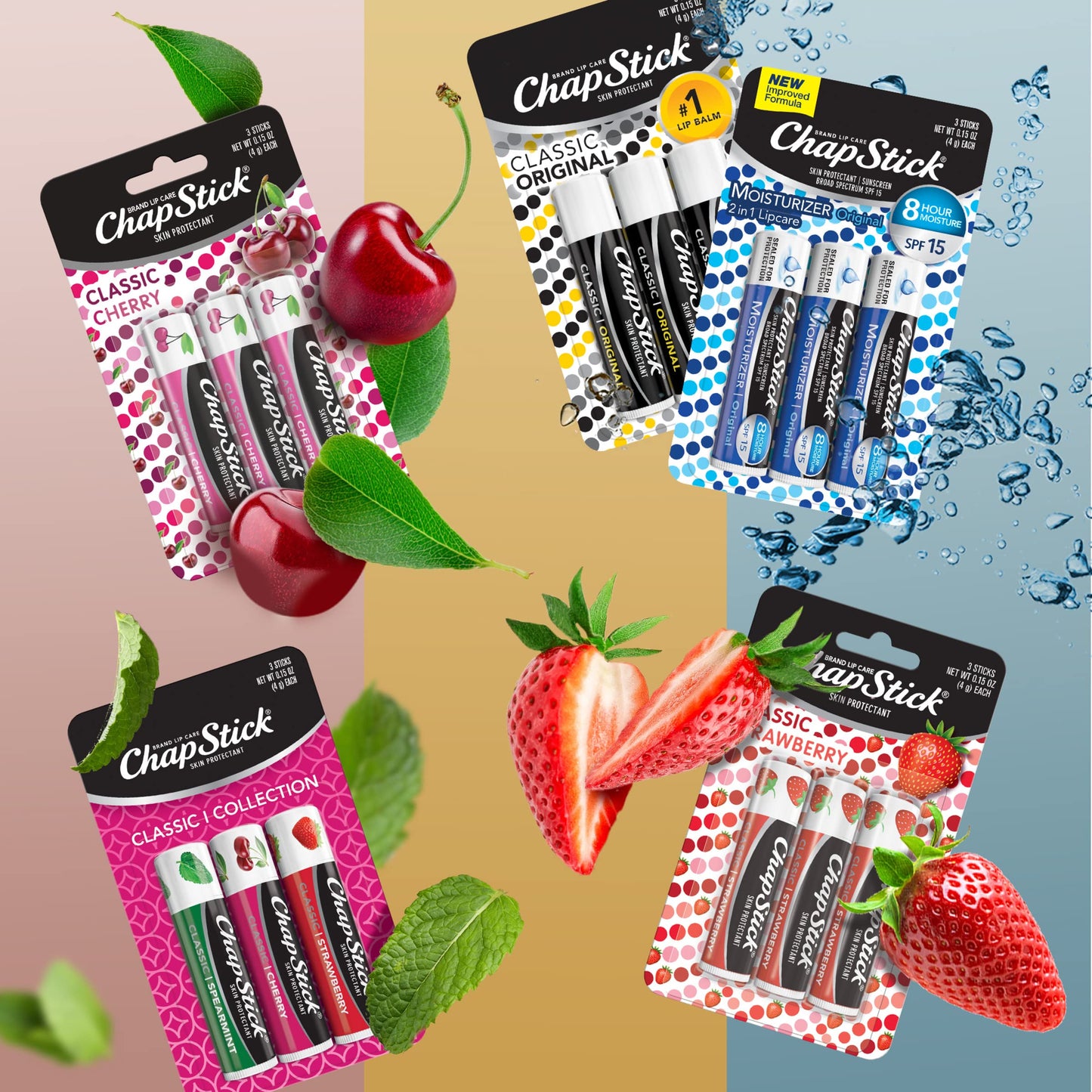 ChapStick Classic Collection Flavored Lip Balm Tubes Pack, Lip Moisturizer - 0.15 Oz (Box of 5 Packs of 3) Beauty and Personal Care ChapStick