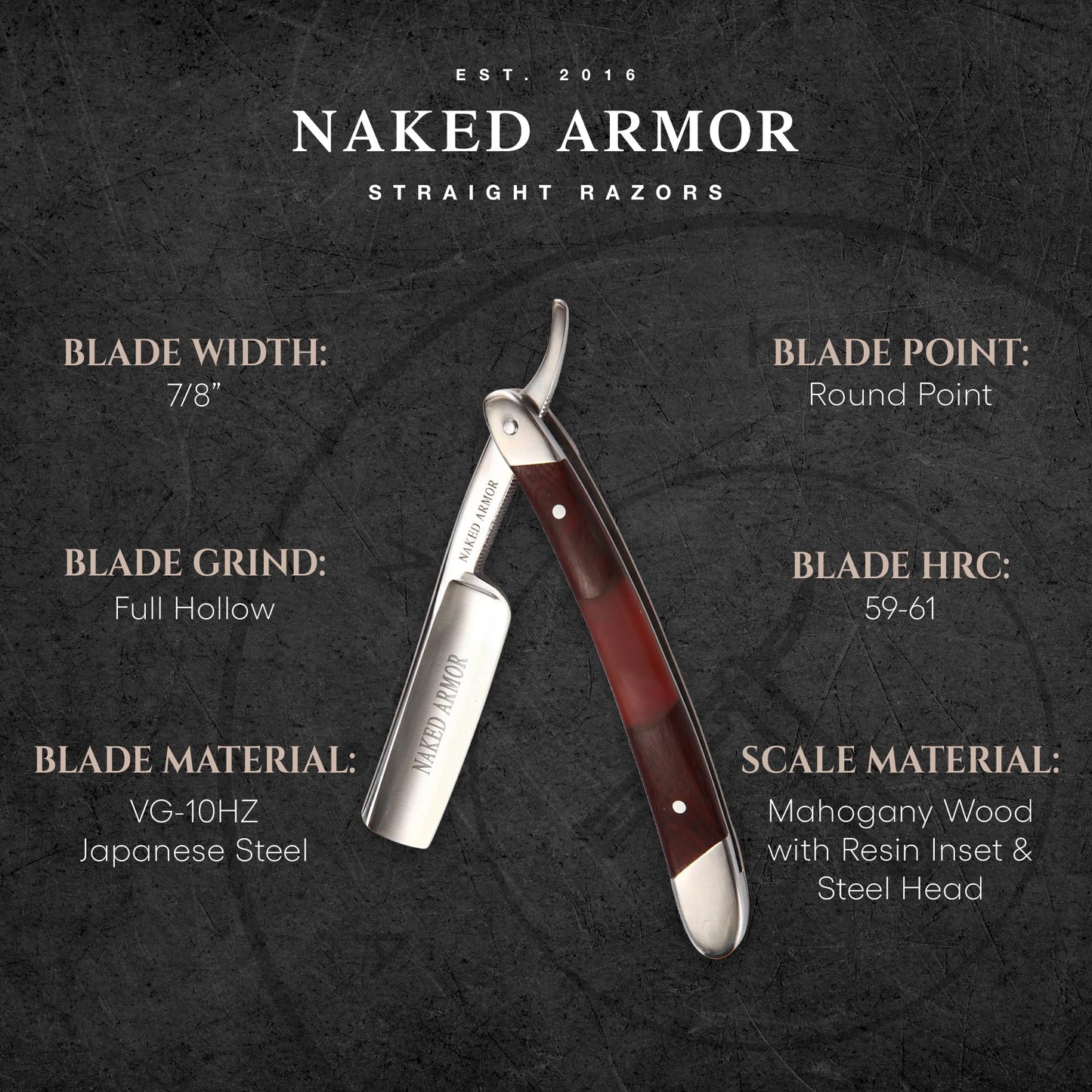 Naked Armor Gaheris Straight Razor - Shave Ready 7/8" Round Nose Japanese Steel Straight Razors for Men with Mahogany Scale, Case Included, Close Beauty and Personal Care Naked Armor