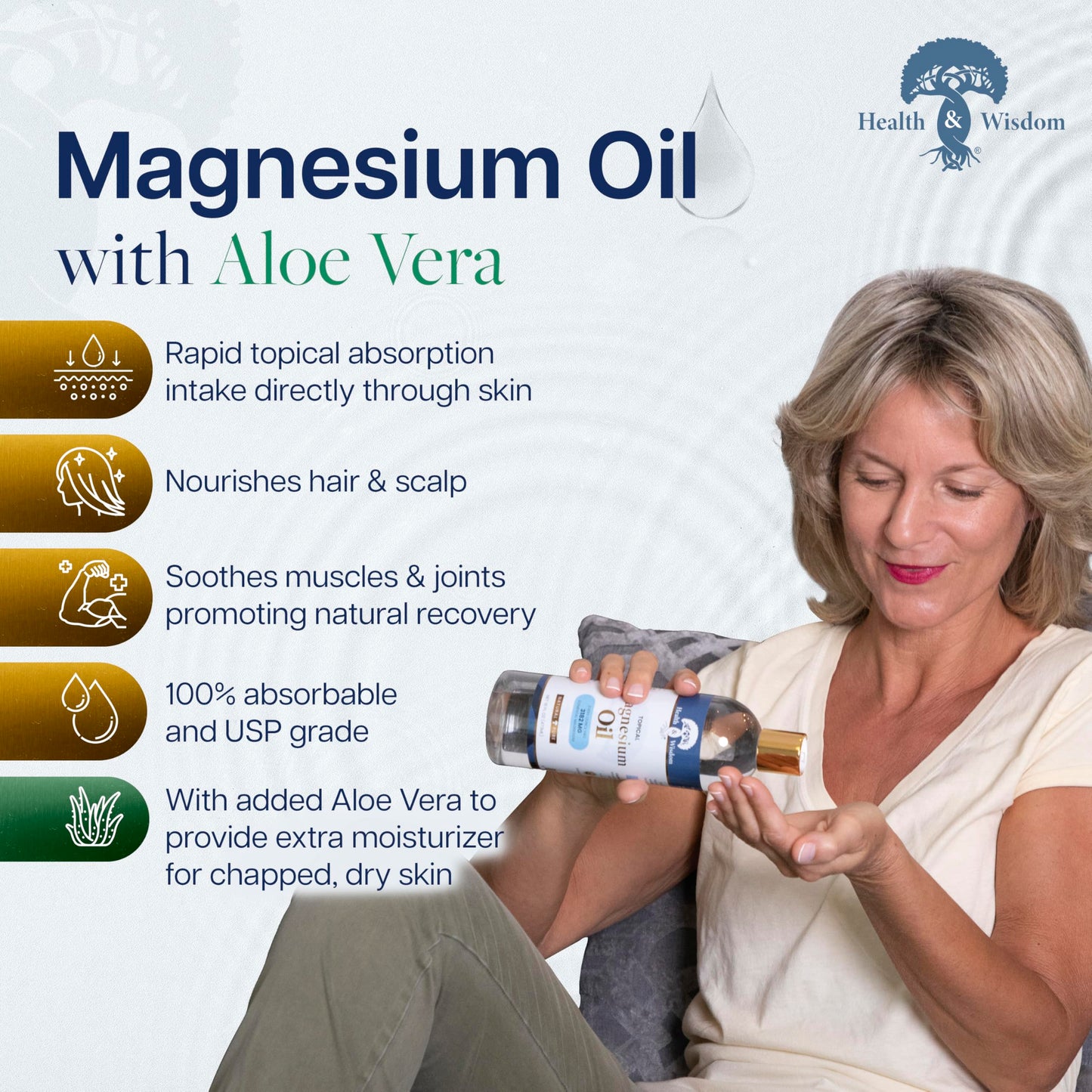 Health & Wisdom Pure Magnesium Oil with Aloe Vera - Topical Muscle & Joint Relief- Natural and Pure USP Grade Extra Strength Magnesium - Enhanced Beauty & Personal Care Health and Wisdom