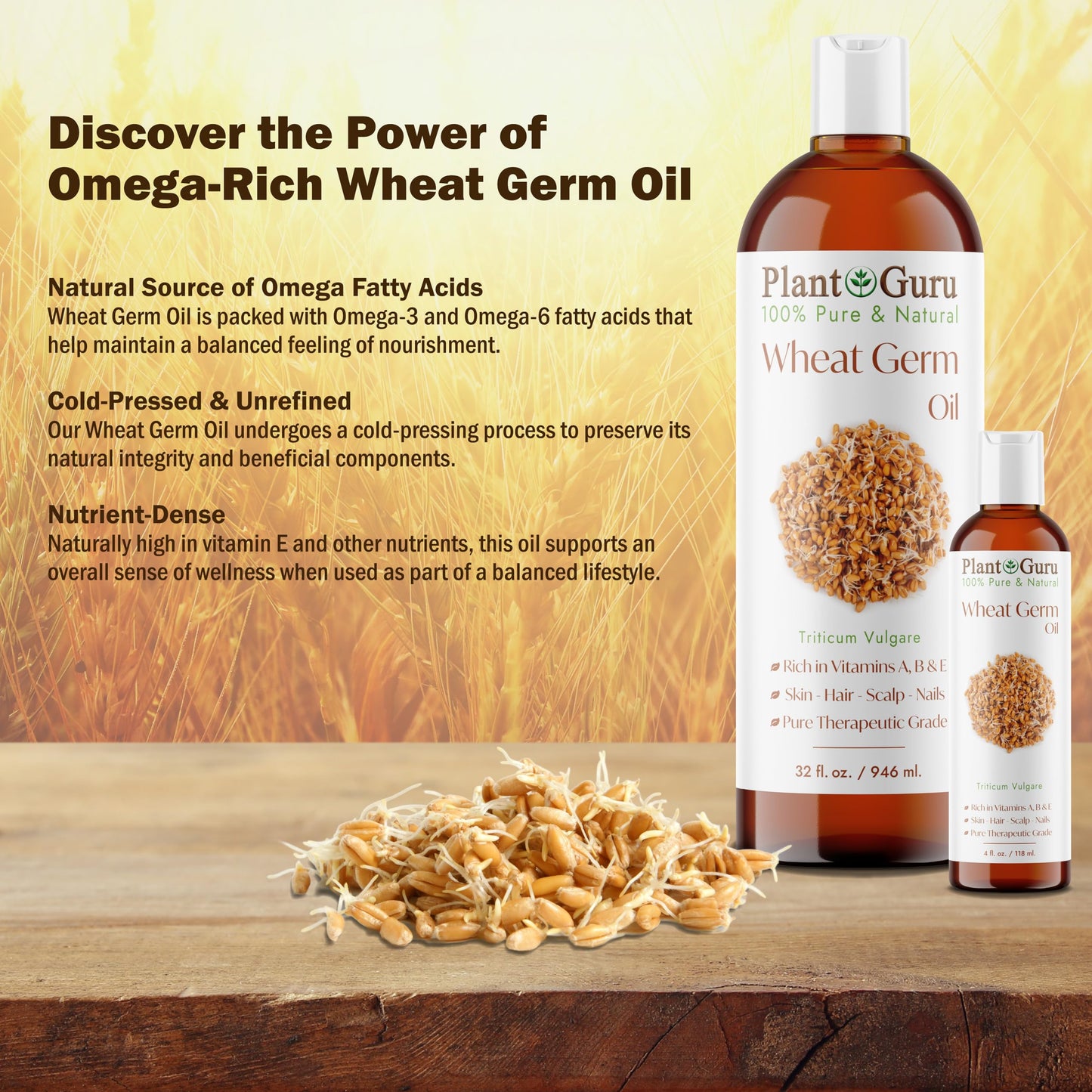 Plant Guru Wheat Germ Oil 8 fl. oz. - Cold?Pressed Unrefined 100% Pure & Natural Carrier Oil for Skin, Face, Body & Hair Moisturizing. Perfect for DIY Beauty & Personal Care Plant Guru