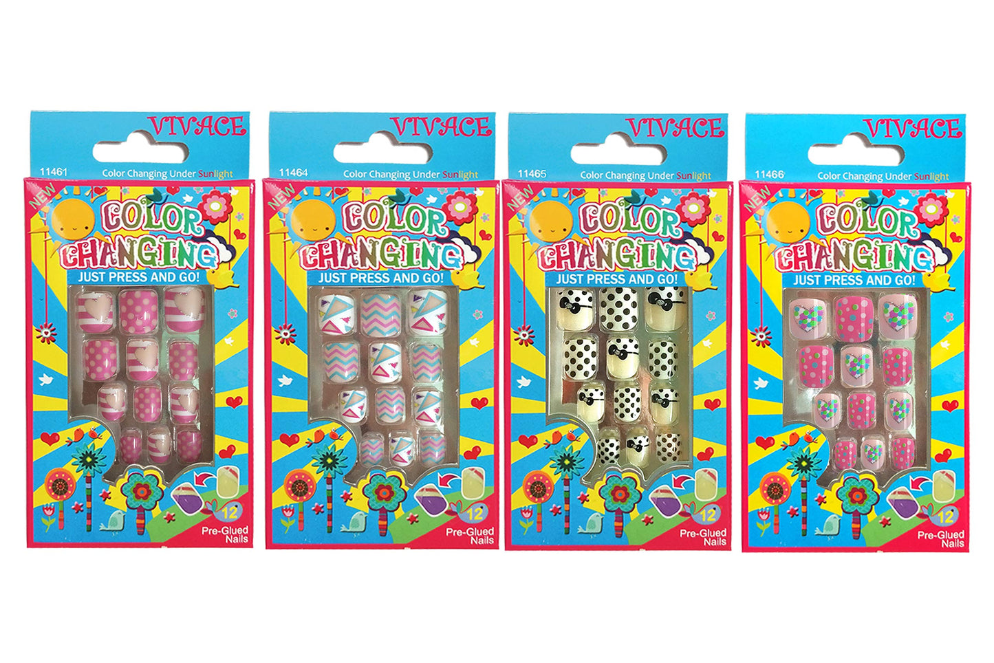 Vivace 4Pack 48Tips Color Changing Under Sun Fake Nails, Artificial Preglued Junior Sticker Nails 11461 etc (Sun 1) Beauty & Personal Care Vivace
