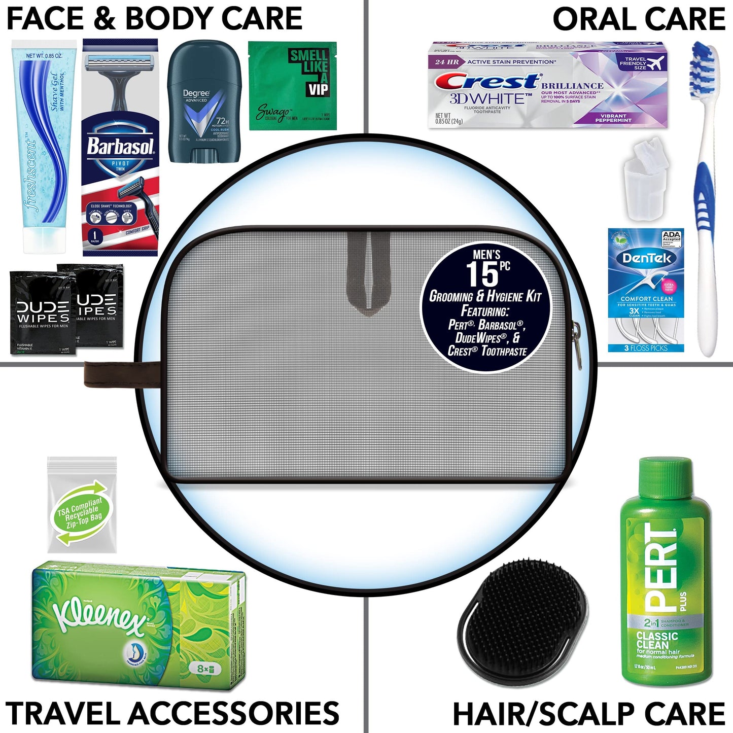 Convenience Kits International Men’s Premium 15-Piece Assembled Travel Kit Featuring: Gillette and Barbasol Shave Products Beauty and Personal Care Convenience Kits International