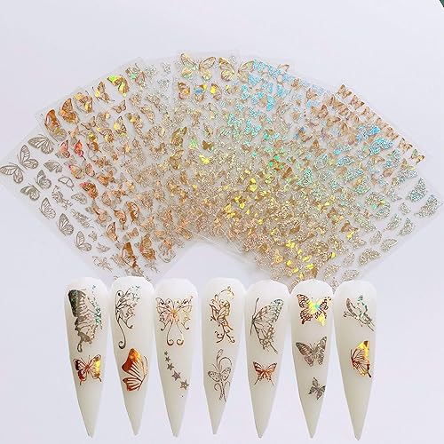 NAIL ANGEL 8Sheets Nail Art Adhesive Sticker Sheets Different Laser Gold and Silver Color Butterfly Shapes Nail Art Decoration 10238 Beauty & Personal Care NAIL ANGEL