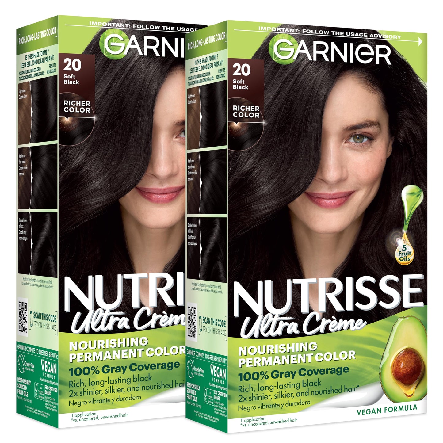 Garnier Nutrisse Ultra Crème Hair Color, Permanent Hair Dye with 100% Gray Coverage, Vegan & Cruelty-Free, 20 Soft Black (Black Tea), 2 Count Beauty & Personal Care Garnier