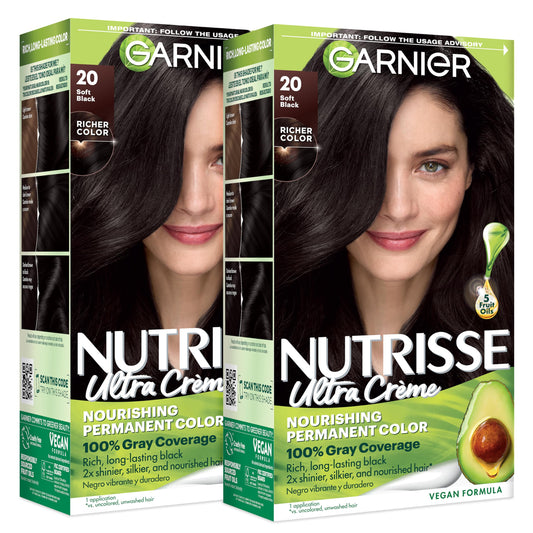 Garnier Nutrisse Ultra Crème Hair Color, Permanent Hair Dye with 100% Gray Coverage, Vegan & Cruelty-Free, 20 Soft Black (Black Tea), 2 Count