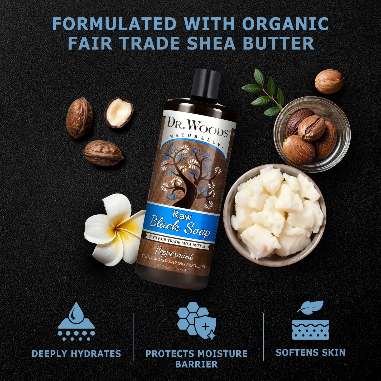 Dr. Woods Raw African Liquid Peppermint Black Soap - Body Wash for Men and Women, Contains Peppermint Oil and Organic Shea Butter, Gentle Exfoliant Beauty & Personal Care Dr. Woods