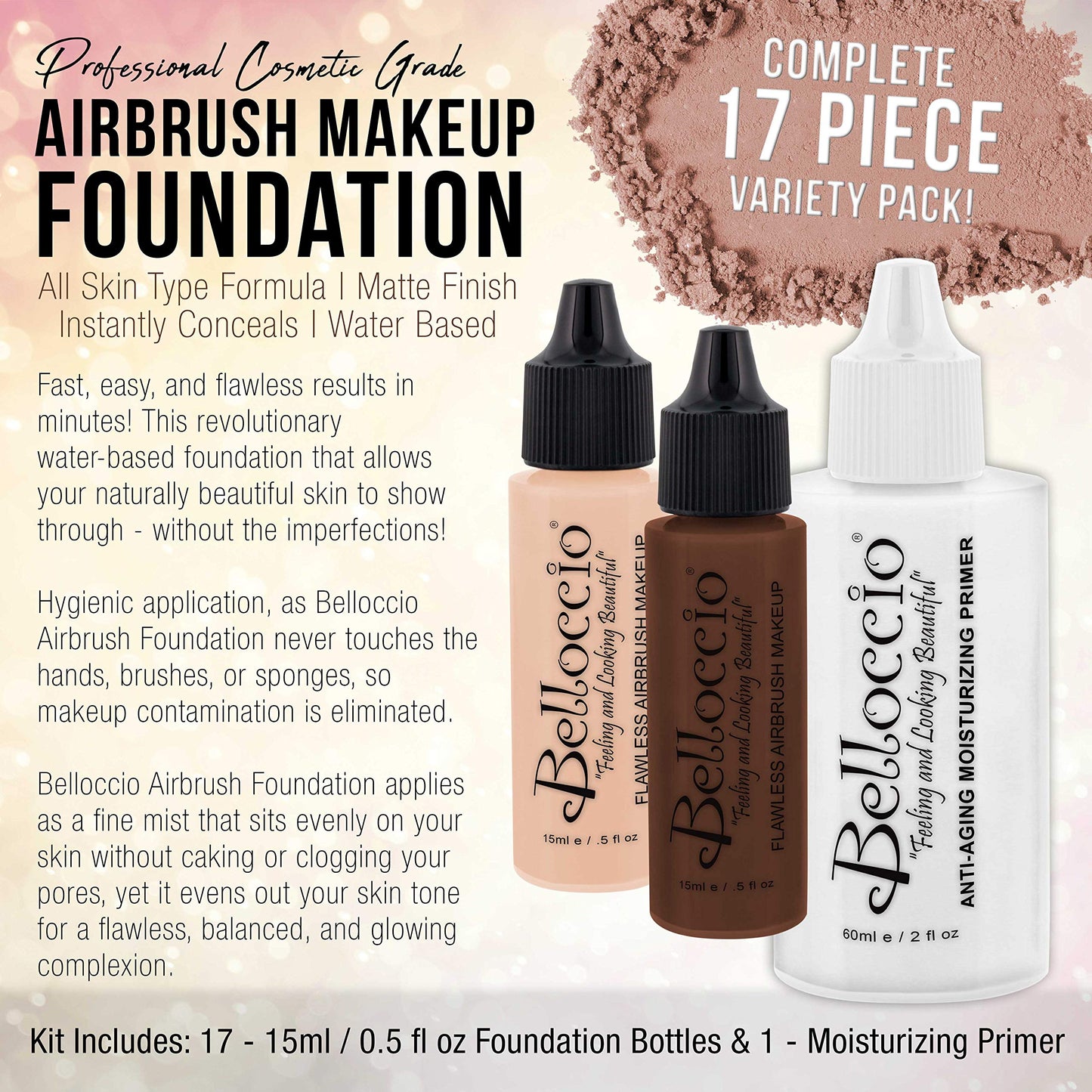 Belloccio Master Set Of All 17 Foundation Shades of Belloccio's Professional Cosmetic Airbrush Makeup, 1/2 oz. Bottles plus a 2 oz. Moisturizing Beauty & Personal Care Belloccio