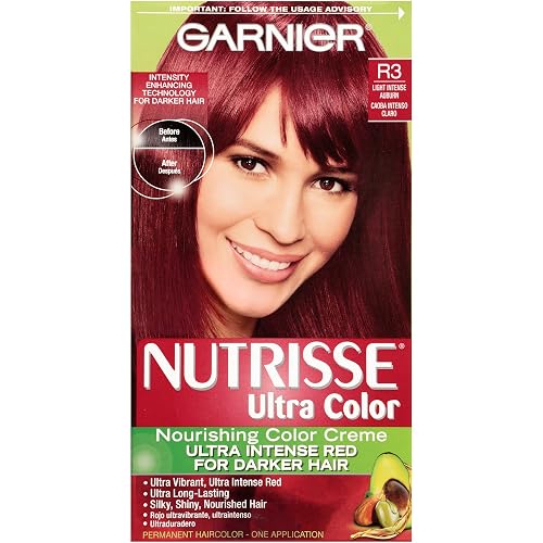 Garnier Nutrisse Ultra Color Nourishing Permanent Hair Color Cream, R3 Light Intense Auburn (1 Kit) Red Hair Dye (Packaging May Vary) Beauty & Personal Care Garnier